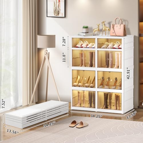 CIMLORD 4-Tier Foldable Shoe Rack Organizer for Boots, 16 Pairs, White | Collapsible Large Plastic Shoe Cabinet Storage, Fits Tall Boots, Stackable with Lids, Easy Assembly, for Closet & Entryway - size: 4 Tiers 16 Pairs