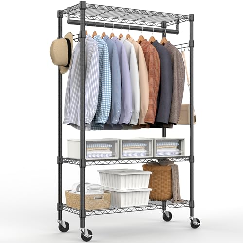 M MZG Heavy Duty Rolling Garment Rack 3 Tiers Adjustable Wire Shelving Clothes Rack with Rods and Side Hooks,Storage Closet Clothing Rack with Wheels Black 15.7" D x 29.5" W x 74.5" H - color: Black, size: 3 Tier with 1 rod, 15.7"D x 29.5"W x 74.5"H