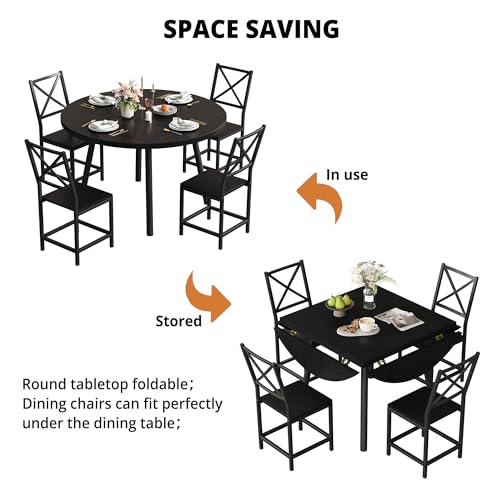 IRONCK Dining Table Set for 4, Round Kitchen Table and 4 Stool Chair for Dining Room, 44.5inch Drop Leaf Desk, Small Space Saving, Black