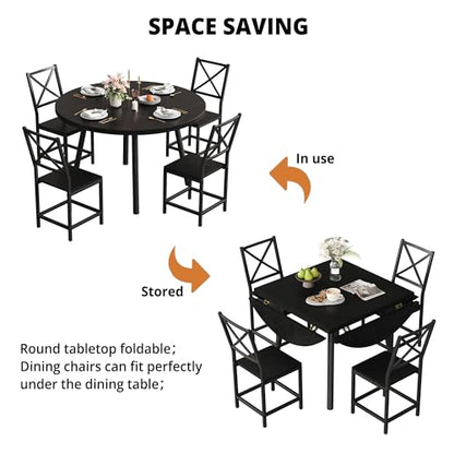 IRONCK Dining Table Set for 4, Round Kitchen Table and 4 Stool Chair for Dining Room, 44.5inch Drop Leaf Desk, Small Space Saving, Black