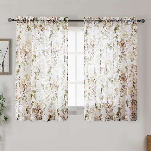 Printing Sheer Curtians 54 Inch Length Kitchen Curtain 2 Panels Set, Rod Pocket Printing Small Window Living Room Curtains with Floral Leaves, Farmhouse Light Filtering Short Curtains, 42"x54" - color: Brown/Multi, size: 42"W x 54"L (Pack of 2)