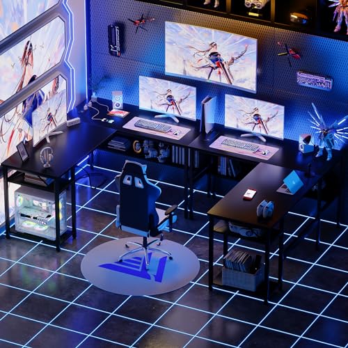 Unikito Reversible L Shaped Desk with Magic Power Outlets and USB Charging Ports, Sturdy Corner Computer Desk with Storage Shelves, Gaming Table Home Office Desk, Easy to Assemble, Black - color: Black