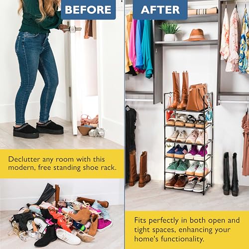 Sundaze Shoe Rack - 6 Tier Tall Shoe Rack for Closet, Sturdy Stackable Shoe Organizer for Closet, Bedroom, Entryway, Garage, Non Woven Fabric Shelf, Black, Holds 12-18 Pairs - size: 6 Tier (18.3" W)