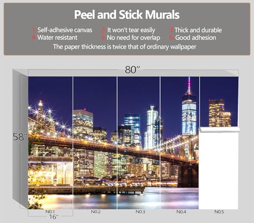 XMPMBM-Peel and Stick City Wallpaper new york City Night View wall Mural | Thick and tear-resistant,Will not be damaged during repositioning,Brooklyn Bridge at Night Bedroom wallpaper.S-80"X58" - color: M02, size: 80"x58"