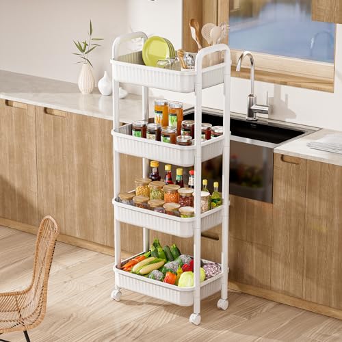 JOYZAN 4 Tier Rolling Carts with Wheels, Utility Cart with Handle and Locking Caster, Storage Cart for Kitchen, Office, Bedroom, Suitable for Diaper, Art Tools, Snack, Craft Storage Cabinet, White - size: White-4 Tier