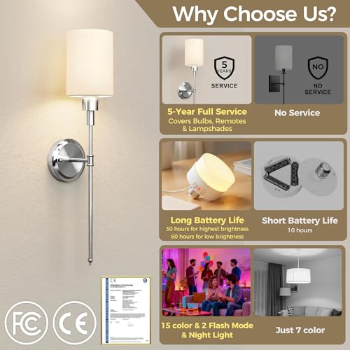 Battery Operated Wall Sconce: Set of 2 Wireless Wall Lights with 12000mAh | 15 Color Rechargeable Wall Sconces, Not Harwired Sconce Wall Decor Set of 2 for Bedroom, Living Room, Chrome 24.3in - color: Chrome
