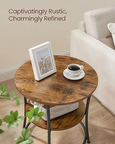 VASAGLE 21.7-Inch Round Side Table, 2-Tier End Table | Nightstand with Steel Frame, Spacious Top, for Small Spaces, Living Room, Bedroom, Rustic Brown and Ink Black ULET56BX - color: Rustic Brown + Ink Black, style: Without Power Strip