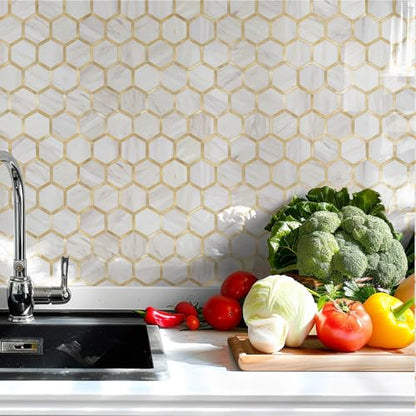 STICKGOO Hexagon Peel and Stick Backsplash Tile, Stick on Backsplash for Kitchen and Bathroom, Glossy Eurasian Wood Grain PVC Mixed Metal Gold Self Adhesive Wall Tiles(10 Sheets, Seamless) - color: Eurasian Wood Grain with Metal Gold