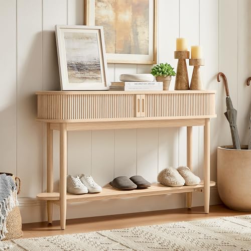 LINSY Fluted Console Table with Storage and Shelves, Light Wood | Entryway Table, Wood Entrance, Behind Couch Sofa Table, Foyer Tables for Hallways, Living Room Boho Furniture, Narrow Long - color: Light Wood