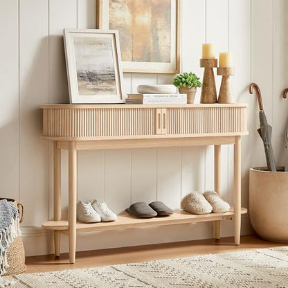 LINSY Fluted Console Table with Storage and Shelves, Light Wood | Entryway Table, Wood Entrance, Behind Couch Sofa Table, Foyer Tables for Hallways, Living Room Boho Furniture, Narrow Long - color: Light Wood