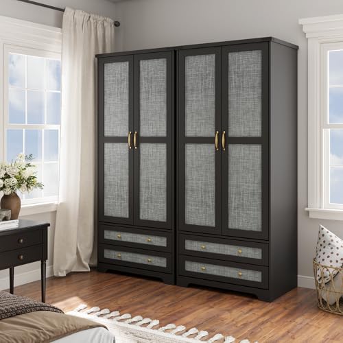 71" Wooden Armoire Wardrobe Closet Set of 2, 4 Doors & 4 Drawers | Modern Tall Storage Cabinet with 2 Adjustable Shelves and Hanging Rail, Sturdy Freestanding, Wide Drawers, For Bedroom - color: Black, size: 71" - 4 DOORS