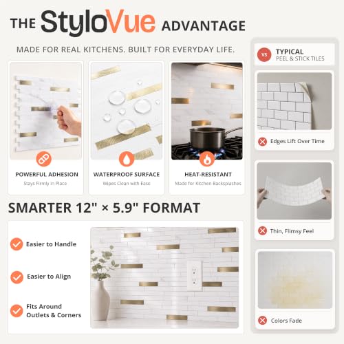 StyloVue 20 Sheets Peel and Stick Backsplash for Kitchen, Sparkle White Marble Look with Gold Metal, Glossy Finish, Stick on Tile for Kitchen Backsplash, RV, Fireplace - color: Sparkle White Marble