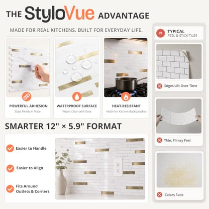 StyloVue 20 Sheets Peel and Stick Backsplash for Kitchen, Sparkle White Marble Look with Gold Metal, Glossy Finish, Stick on Tile for Kitchen Backsplash, RV, Fireplace - color: Sparkle White Marble