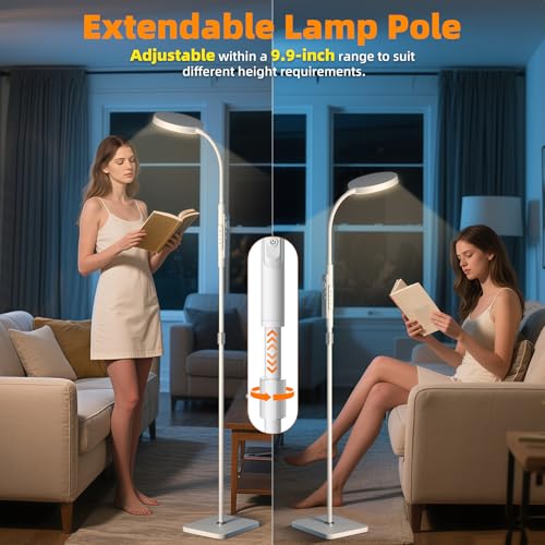 PACOVY 플로어 램프, 거실 침실용 높이 조절 가능한 플로어 램프, 252 LED 매우 밝은 스탠딩 램프 리모컨, 조도 조절 가능한 구즈넥 톨 스탠드 독서 램프 조명, 사무실 공예용, 화이트 - color: 화이트.