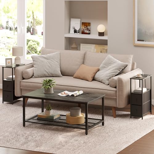 TUTOTAK Narrow End Table with Charging Station, Skinny Side Table | Bedside Table with Outlets, Nightstand with 2 Cloth Drawers, Couch Table for Living Room, Bedroom, Charcoal Grey TB01BY055 - color: Charcoal Grey, style: 2 Drawers & Plug