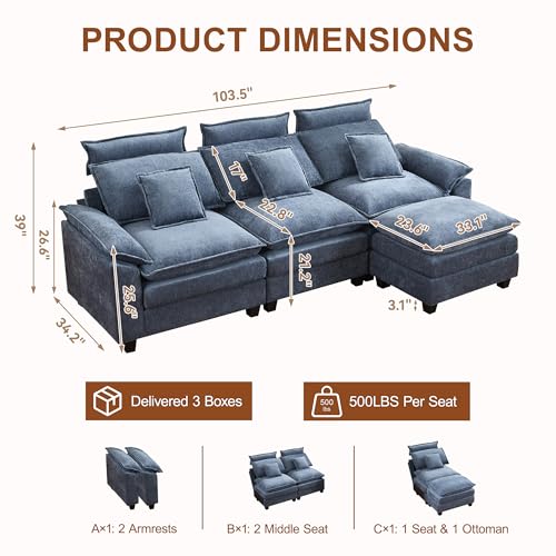 103'' Modular L Shaped Sofa, Cloud Deep Seat Sofa Couch with Ottoman, Detachable Headrest, 3 Seater Sectional Sofas for Living Room, Apartment, Studio, Blue - color: Blue, size: L Shaped Couch