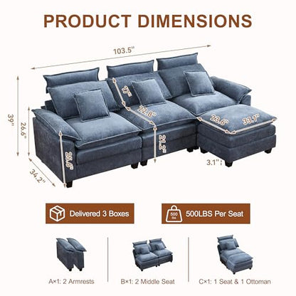 103'' Modular L Shaped Sofa, Cloud Deep Seat Sofa Couch with Ottoman, Detachable Headrest, 3 Seater Sectional Sofas for Living Room, Apartment, Studio, Blue - color: Blue, size: L Shaped Couch