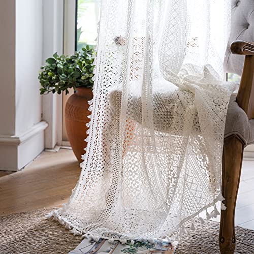 WAZZIO Boho Lace Curtains 72 Inches 2 Panel,Light Filtering Privacy Tassel & Geometry Crochet Semi Sheer Curtain Drapes for Bedroom Living Dining Room,Rod Pocket & Tassel,Victorian Decor,Off White - color: Off White, size: 59"W x 72"L (Pack of 2)