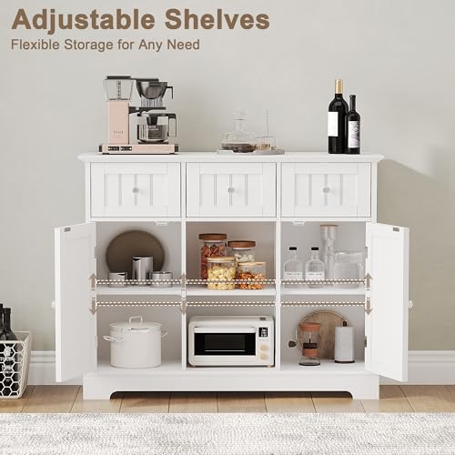 ChooChoo 35.4" Coffee Bar Cabinet with 3 Drawers and 2 Doors, White | Buffet Cabinet with Adjustable Shelves, Storage Cabinet for Compact Kitchens, Dining rooms and Living rooms - color: White