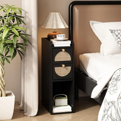 Narrow Nightstand (Rattan & Wood) - Small Bedside Table with 2 Drawers, Open Shelf, Mid Century Modern End Table - for Bedroom, Living Room & Small Spaces, Black - color: Black, size: 7.9"W (1 Pc)