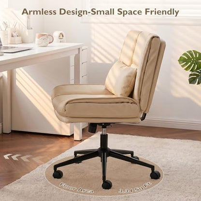 Armless Criss Cross Office Chair with Wheels,PU Leather Beige | 5.5" Double Layers Thickened Seat Cushion and Backrest,Lumbar Pillow,Swivel Chair,Wide Comfortable Cross Legged,320LBS - color: Beige