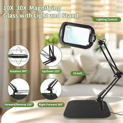 ‌10X 30X Large Square Magnifying Glass with Light and Stand/Clamp | 60 LED Lighted Magnifier, Hands Free 360° Rotatable Desk Lamp for Close Work Reading Craft Hobby Painting Sewing