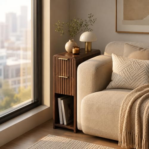 Fluted Slim Side Table with 2 Drawers and Bottom Open Shelf, Skinny End Table with Gold Handles, Walnut Narrow Accent Table for Living Room Bedroom