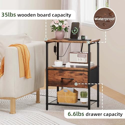 Somdot Nightstand with Charging Station & LED Light, Bedroom Bedside Table | Dorm, Guest Room, Kids Room, Laundry, Closet, Entryway and Hallway, Brown - color: Brown, size: 11.8"D x 15.7"W x 23.4"H (1 Drawers)