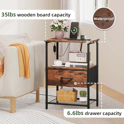 Somdot Nightstand with Charging Station & LED Light, Bedroom Bedside Table | Dorm, Guest Room, Kids Room, Laundry, Closet, Entryway and Hallway, Brown - color: Brown, size: 11.8"D x 15.7"W x 23.4"H (1 Drawers)