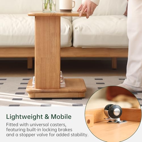 C Shaped End Table Set of 2, Solid Wood Side Table with Wheels, Natural Wood Nightstand, 2-Tier Wood Sofa Table Coffee Table for Living Room, Bedroom, Home Office(19.69" H) - color: Natural-19.69"h-2p