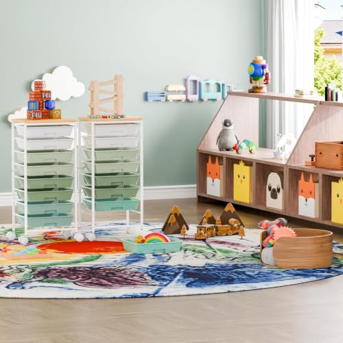 Ekisemio Utility Cart Organizers with Wheels and 8 Drawers, Little Rolling Craft Cart with Wooden Tabletop for Classroom, Office, Living Room, Craft Room, Green