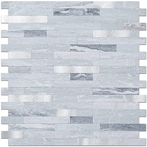 DICOFUN 10-Sheets Peel and Stick Backsplash Wall Tile, Faxu Stone PVC Mixed Metal Kitchen Backsplash Peel and Stick in Light Grey - color: Light Grey and Metal Silver, size: 10 Sheets, 12’’x12’’x0.12’’