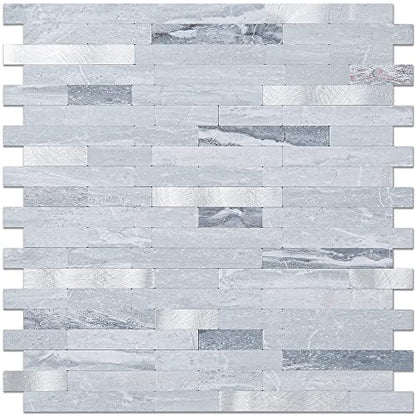 DICOFUN 10-Sheets Peel and Stick Backsplash Wall Tile, Faxu Stone PVC Mixed Metal Kitchen Backsplash Peel and Stick in Light Grey - color: Light Grey and Metal Silver, size: 10 Sheets, 12’’x12’’x0.12’’