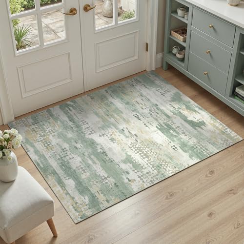 DCX Washable Abstract Area Rug 3x6, Non Slip Low Pile Rug, Sage Green | Easy to clean, non-shedding, soft, kid & pet friendly, with a non-slip rubber backing for living rooms, bedrooms, and offices - color: Green & White, size: 3' x 6'