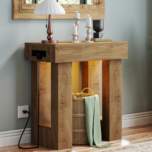 Unikito 32" Entry Table with Power Outlet & Sensor Light, Natural Oak | Narrow Wooden Foyer Table with Open Storage, Modern Farmhouse Console Table, Versatile for Entrance/Hallway/Living Room - color: Natural Oak, size: 32IN