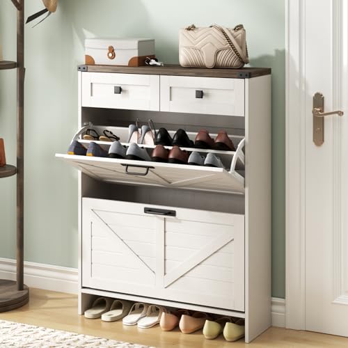 Halitaa Shoe Cabinet with 2 Flip Drawers & 2 Drawers,Farmhouse Shoe Storage Cabinet for Entryway,Slim Freestanding Narrow Organizer Rack for Front Door Entrance,White - color: White, style: 2-Drawers