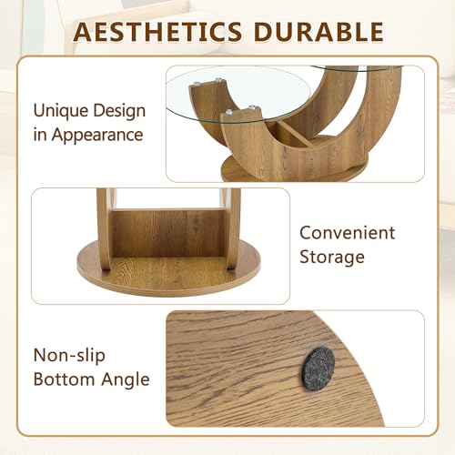 Modern Glass Coffee Table, 31.8" U-Shaped Wood Base Side Table with Tempered Glass Top, 2-Tier Round Accent Table with Natural Wood Finish for Living Room, Bedroom, Office - color: Natural Wood, size: 31.8" U-Shaped