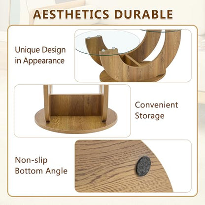 Modern Glass Coffee Table, 31.8" U-Shaped Wood Base Side Table with Tempered Glass Top, 2-Tier Round Accent Table with Natural Wood Finish for Living Room, Bedroom, Office - color: Natural Wood, size: 31.8" U-Shaped