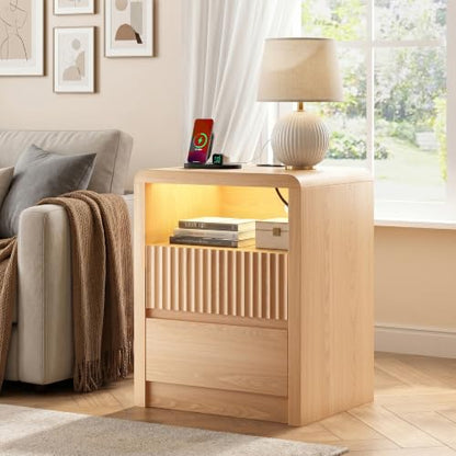 LYNSOM Fluted LED Nightstand Set of 2, Charging Station & 2 Drawers, Oak | Mid Century Modern Night Stand with Stoarge, Wood Bedside End Table with Curved Edge for Bedroom, Living Room, Office, 20" W - color: Oak, size: 2 Drawers