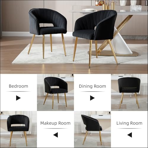 Velvet Home Office Desk Vanity Chair, No Wheels, Gold Legs, Black | Modern Accent Chair with Stylish Stripe Design, Spacious‌ Soft Seat for Girls & Women Bedroom Makeup or Nail Table - color: Black Velvet, No Wheels