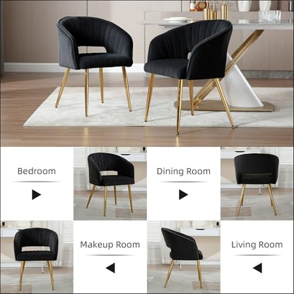 Velvet Home Office Desk Vanity Chair, No Wheels, Gold Legs, Black | Modern Accent Chair with Stylish Stripe Design, Spacious‌ Soft Seat for Girls & Women Bedroom Makeup or Nail Table - color: Black Velvet, No Wheels