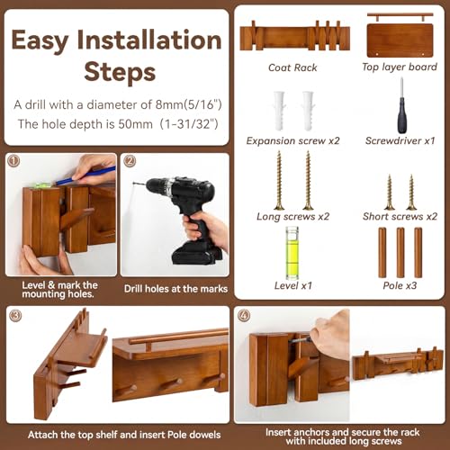 Nuanchu Wall Mounted Coat Rack with Shelf, Walnut Wood Piano Key Hanger with 7 Magnetic Flip Hooks for Entryway Closet Bedroom Bathroom Kitchen