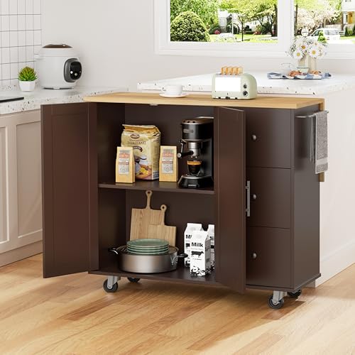 Shintenchi Kitchen Island with Folding Drop Leaf, Rolling Island Table with Storage, Kitchen Cabinet on Wheels with Seating Area for Kitchen, Bar Cart with Cabinet, Brown - color: Brown
