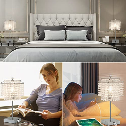 Touch Crystal Table Lamp Silver, Bedside Lamp with USB C+A Ports, Dimmable Nightstand Lamp with Crystal Shade, Bedroom Lamp for Girls Bedroom, Living Room, Bulb Included - color: Silver