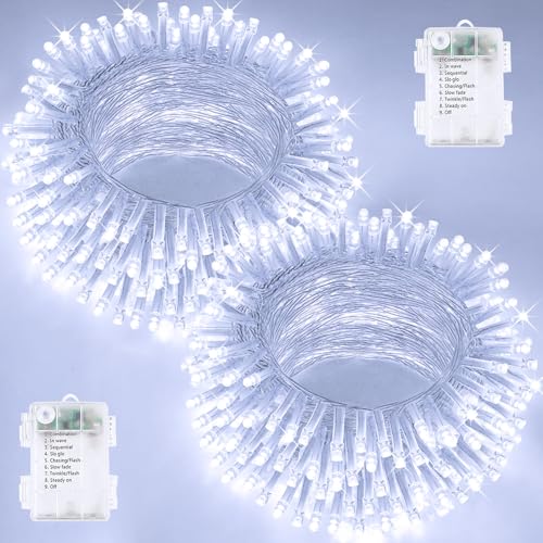 2 Pack 200 LED Battery Operated String Lights, Twinkle Lights Cool White | 66FT 8 Modes Christmas Fairy Lights Indoor Outdoor, Waterproof Battery Lights for Bedroom Party Porch Tree Holiday Decor - color: Cool White, size: 2PK(100LED)