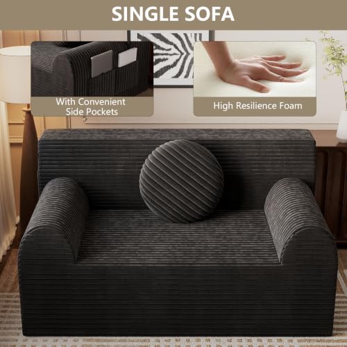 42" Boneless Oversized Chair with Side Pocket, Sofa Small Single Couch in a Box, Deep Seating Boneless Chair for Bedroom Living Room Office Apartment, No Assembly, Black - color: Black, size: 42'' Style 3