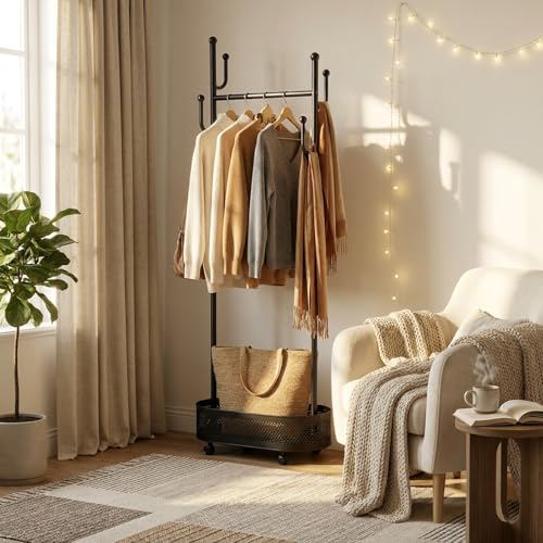 Black Wheeled Cactus Metal Coat Rack Freestanding Garment Organizer | Double Sided, Modern Style, Powder Coated, for Entryway and Bedroom, 24x14x66.93 Inches - color: Black
