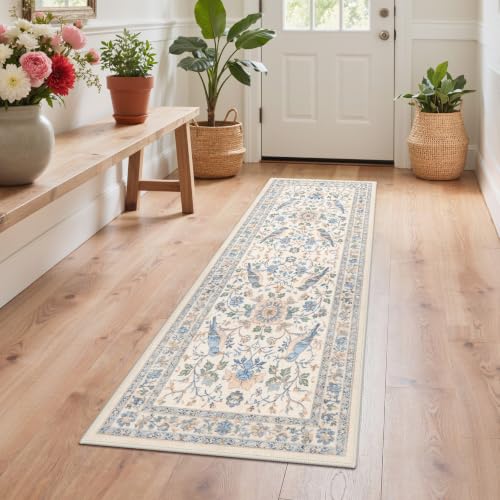 GENIMO 2X6 Blue Ivory Runner Rug for Hallway, Washable Non Slip | Blue Ivory Botanical Bird Runner for Kitchen and Entryway, Soft Low Pile Polyester Rug, Easy Care, Non-Shedding - color: Blue Ivory, size: 2' x 6' (Rectangular)