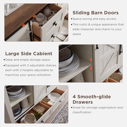 T4TREAM 48" Wide Farmhouse Sideboard Buffet Cabinet, Antique White | 31.2" Tall Kitchen Cabinet with Storage, 2 Sliding Barn Doors, 4 Drawers, Rustic Wood, Coffee Bar Table, Dining Room - color: Antique White
