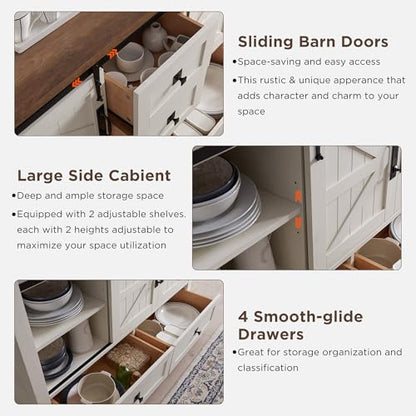 T4TREAM 48" Wide Farmhouse Sideboard Buffet Cabinet, Antique White | 31.2" Tall Kitchen Cabinet with Storage, 2 Sliding Barn Doors, 4 Drawers, Rustic Wood, Coffee Bar Table, Dining Room - color: Antique White